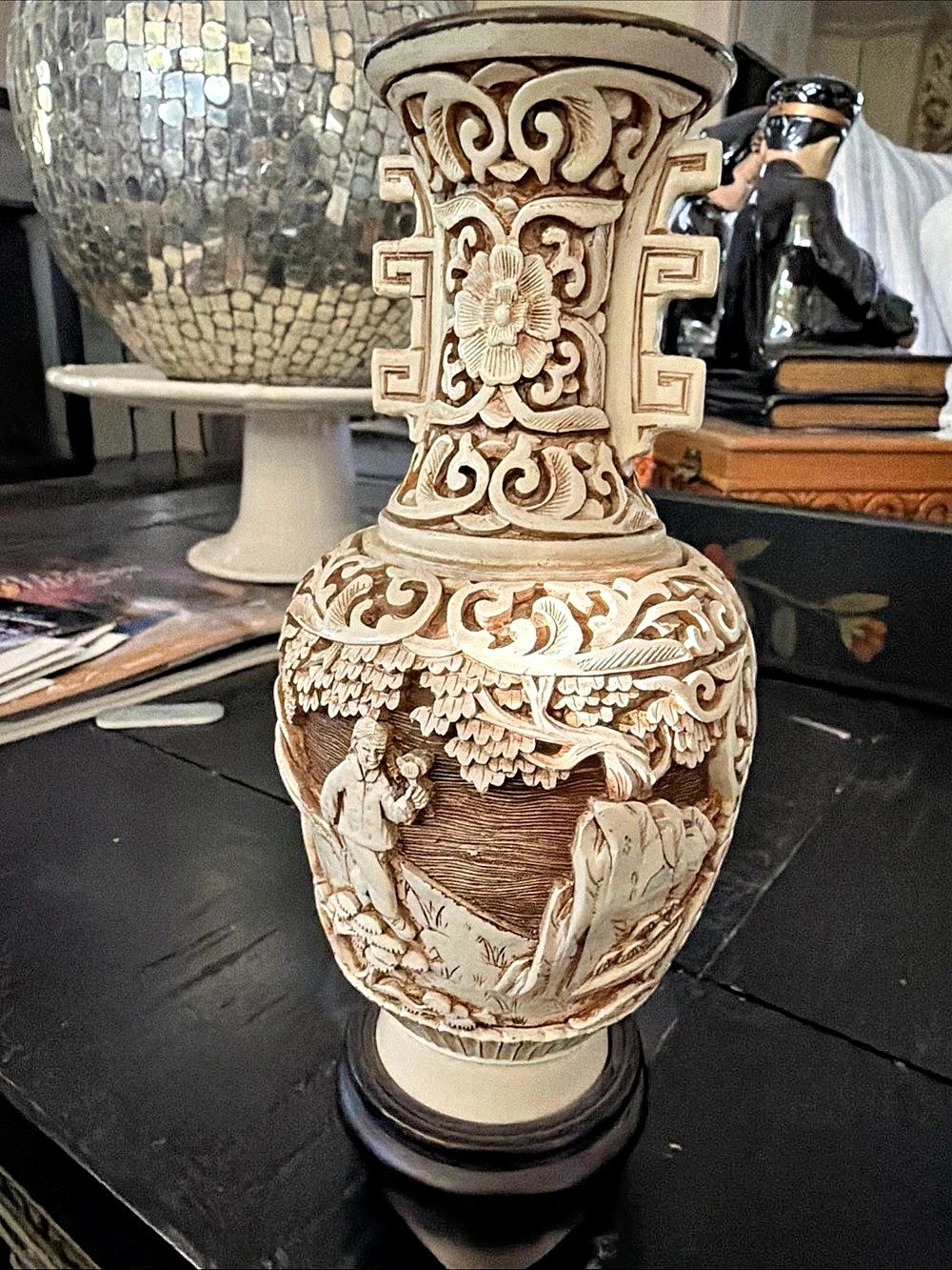 Hand-Carved Figural Vase in White & Brown